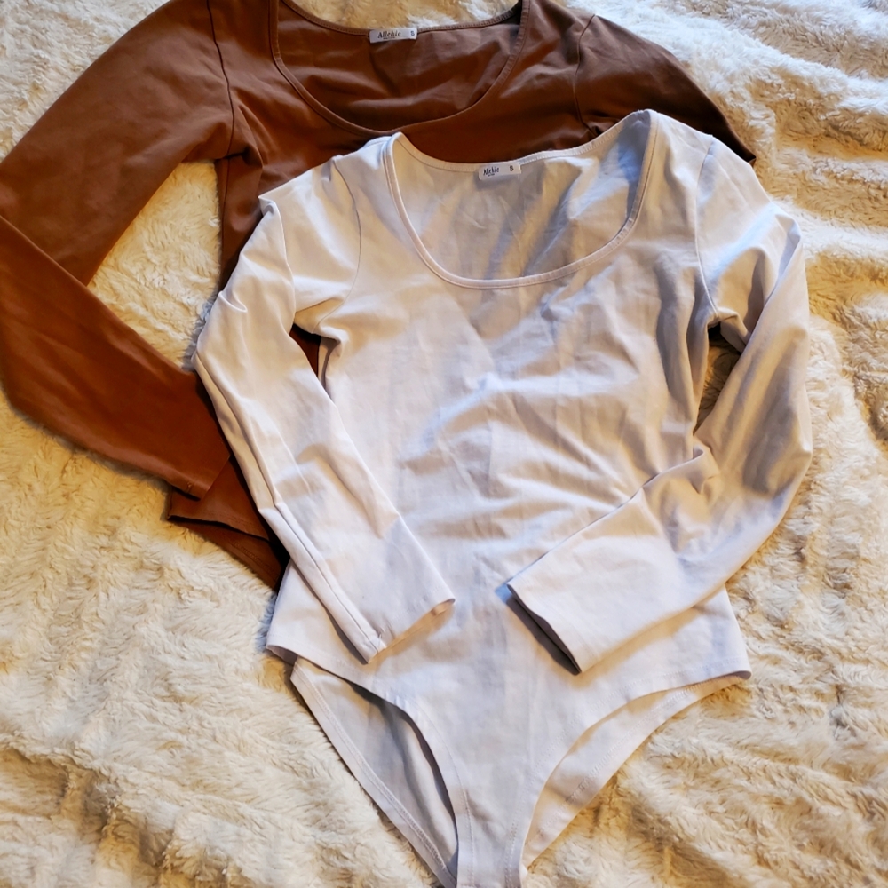 Set of 2 woman's bodysuits tan & whitr